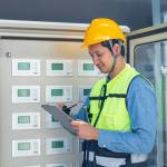 Technician Using Walkie-talkie Near Control Panels